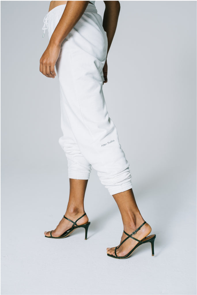Attain Studios - Detail of sustainable lightweight high-waisted Sweatpants in off-white, which are soft, stretchy and designed in 100% GOTS certified Organic Cotton. Size S