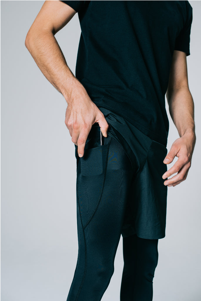 Sustainable Performance Tights in black for men. Detail of Sidepocket for your Smartphone.